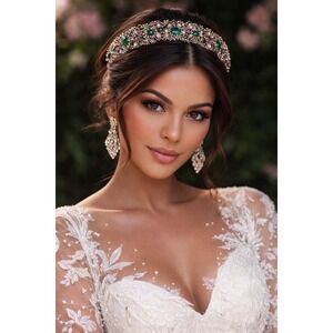 Maria Elena Meredith Headpiece Tiara Crown OS Gold Green Pink Excellent